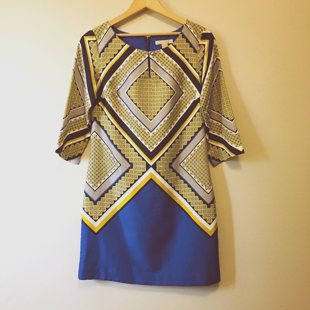 Banana Republic Blue Yellow Grey Square Print Dress 3/4 Sleeve Keyhole 2 Retro